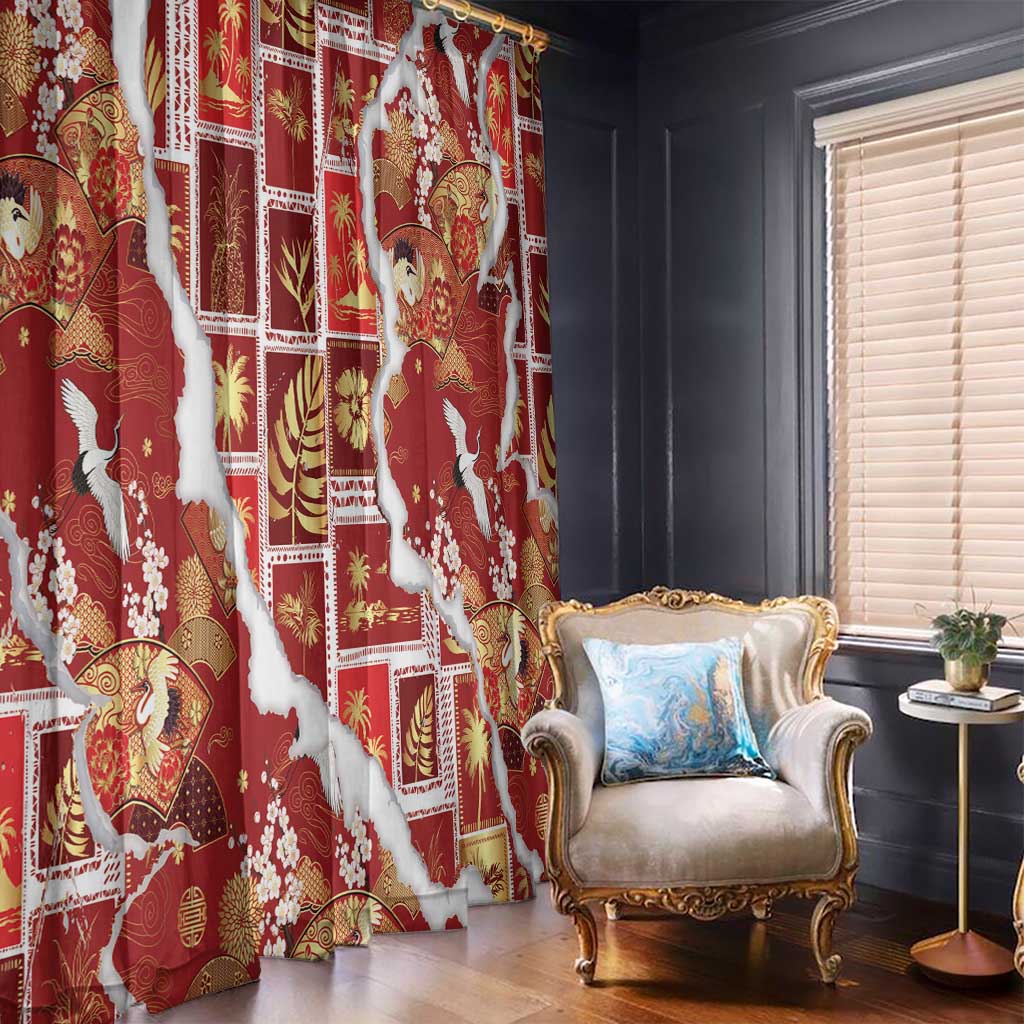 Hawaii Japanese Culture Red Window Curtain Spring Cranes Aloha Pattern