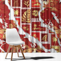 Hawaii Japanese Culture Red Window Curtain Spring Cranes Aloha Pattern