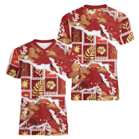 Hawaii Japanese Culture Red Women V-Neck T-Shirt Spring Cranes Aloha Pattern