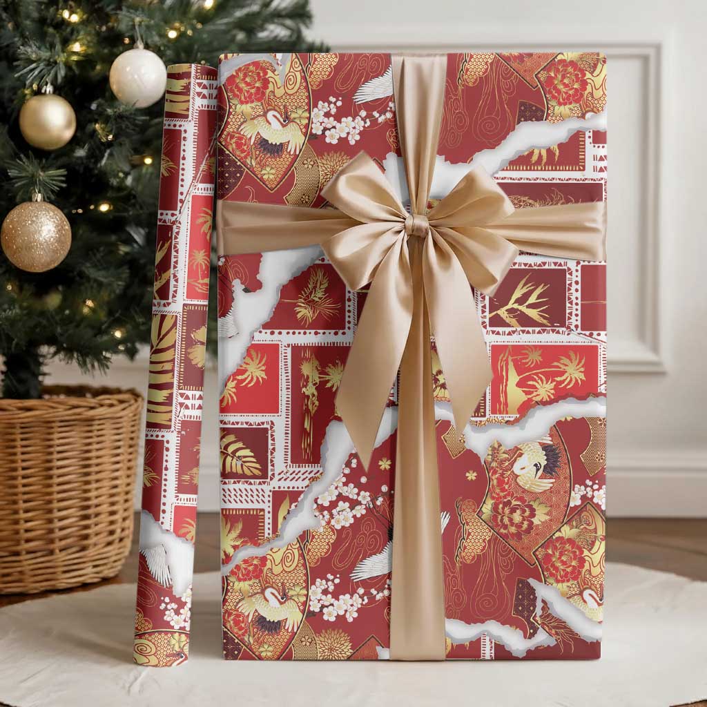 Hawaii Japanese Culture Red Wrapping Paper Spring Cranes Aloha Pattern