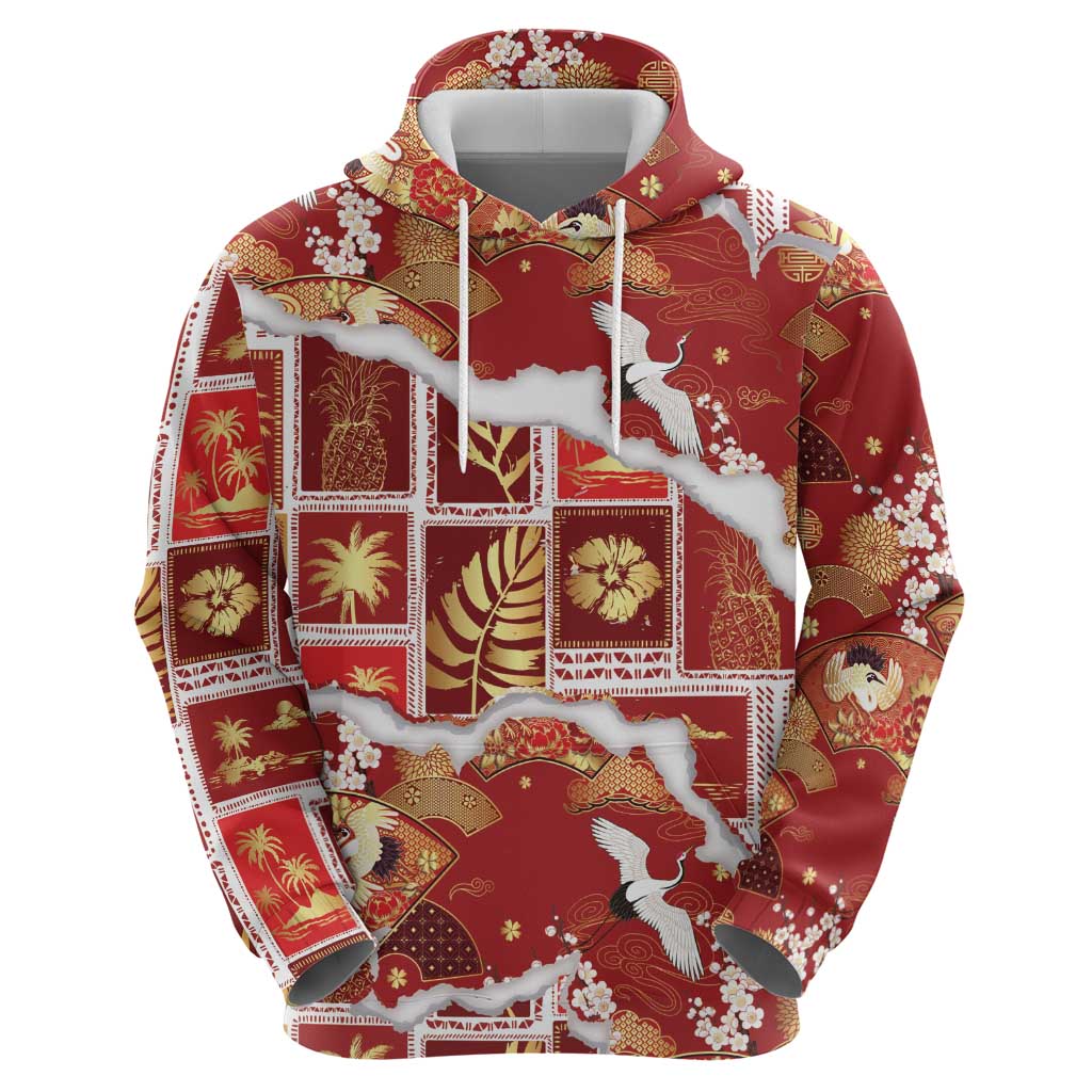 Hawaii Japanese Culture Red Zip Hoodie Spring Cranes Aloha Pattern