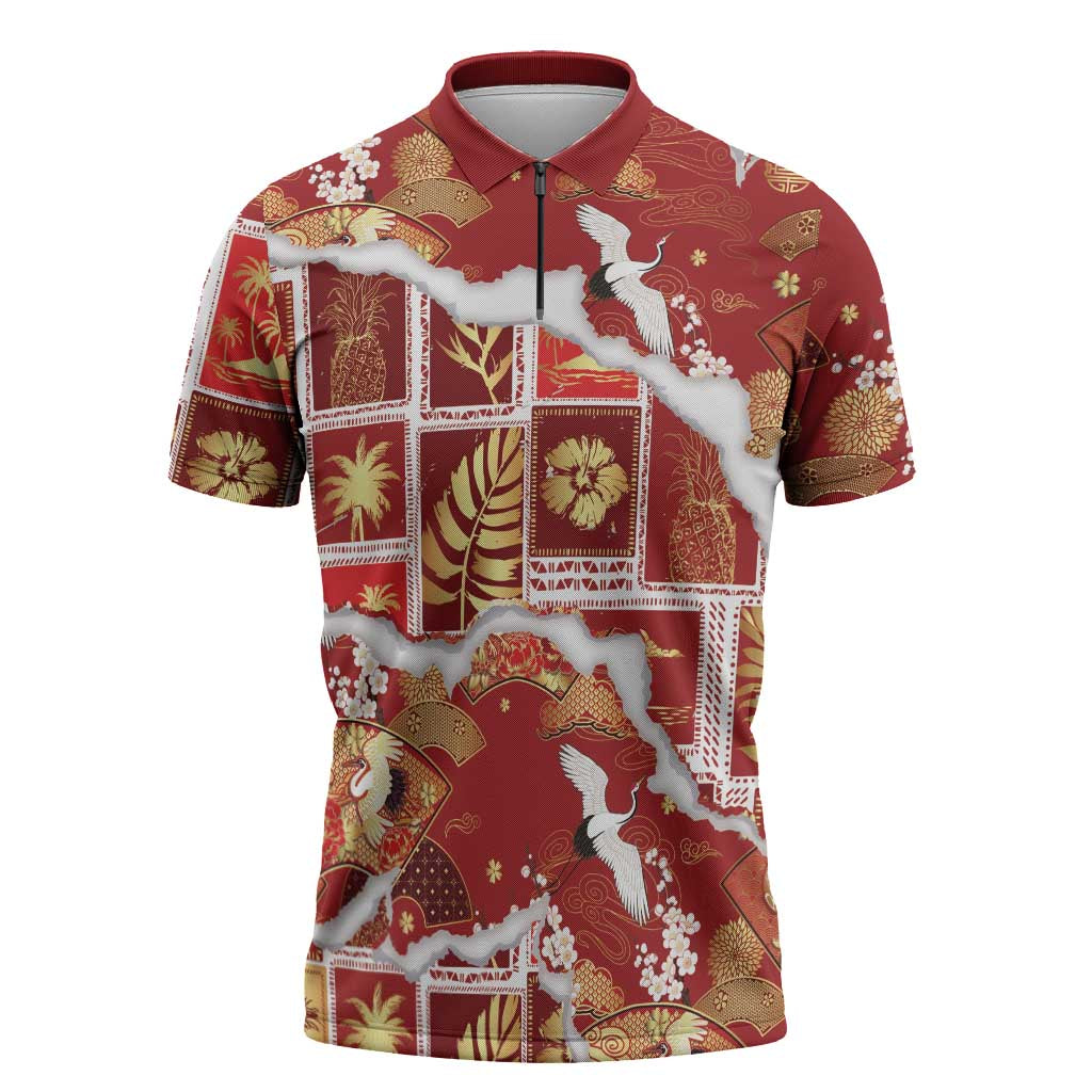 Hawaii Japanese Culture Red Zipper Polo Shirt Spring Cranes Aloha Pattern