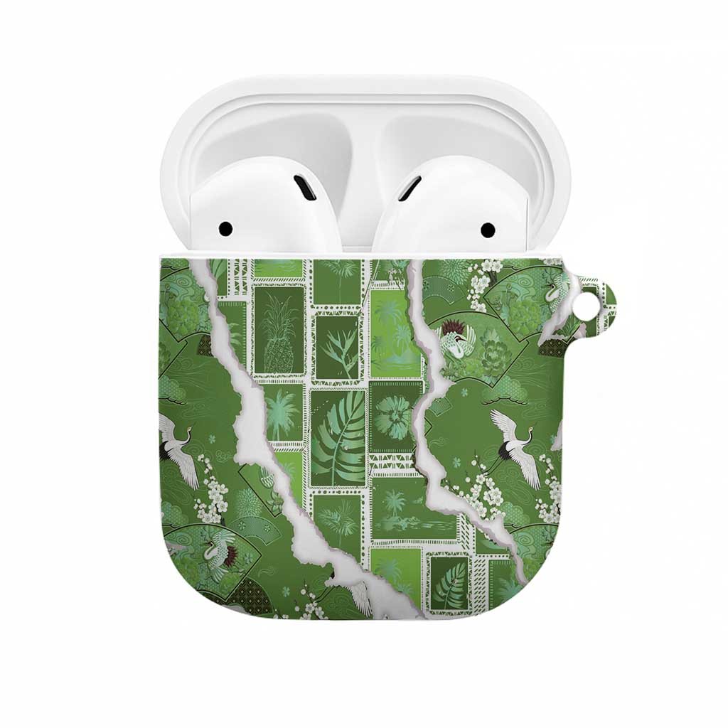 Hawaii Japanese Culture Sage Green AirPods Case Spring Cranes Aloha Pattern