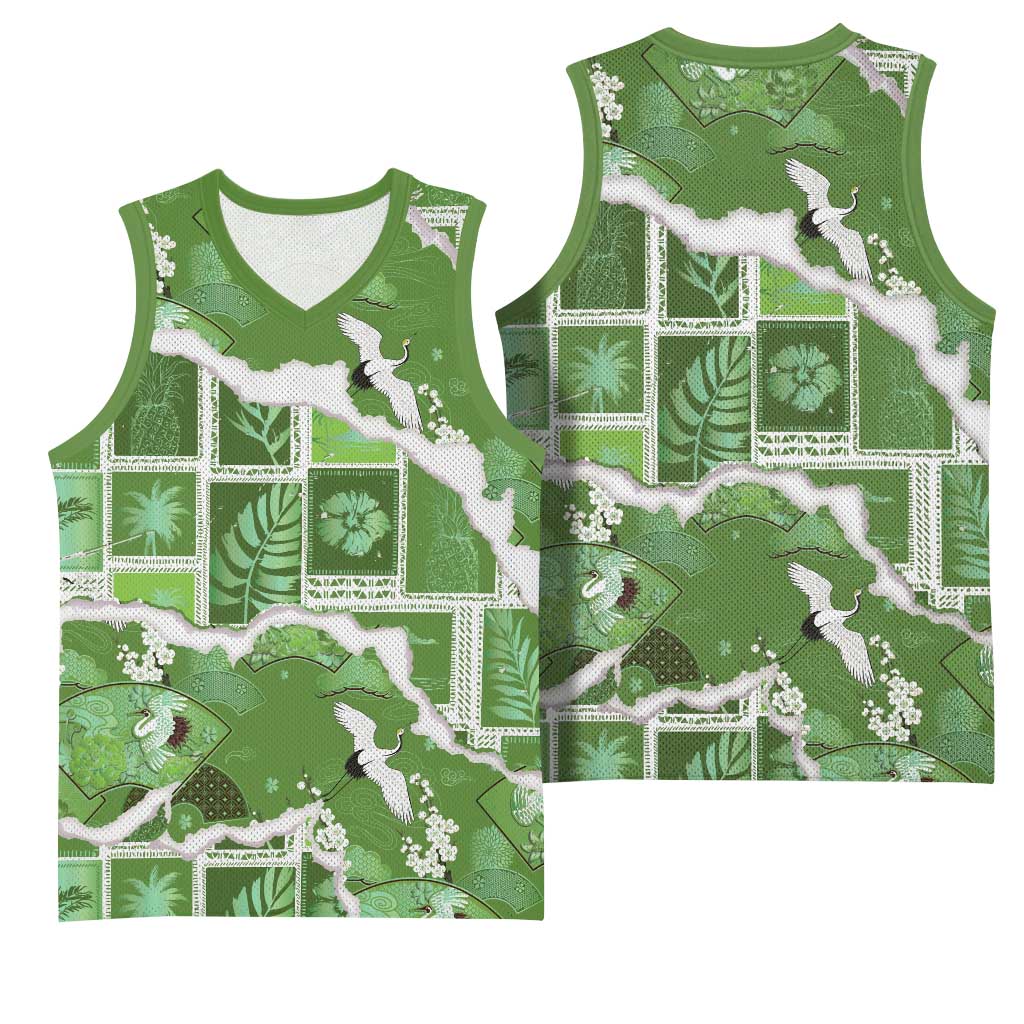 Hawaii Japanese Culture Sage Green Basketball Jersey Spring Cranes Aloha Pattern