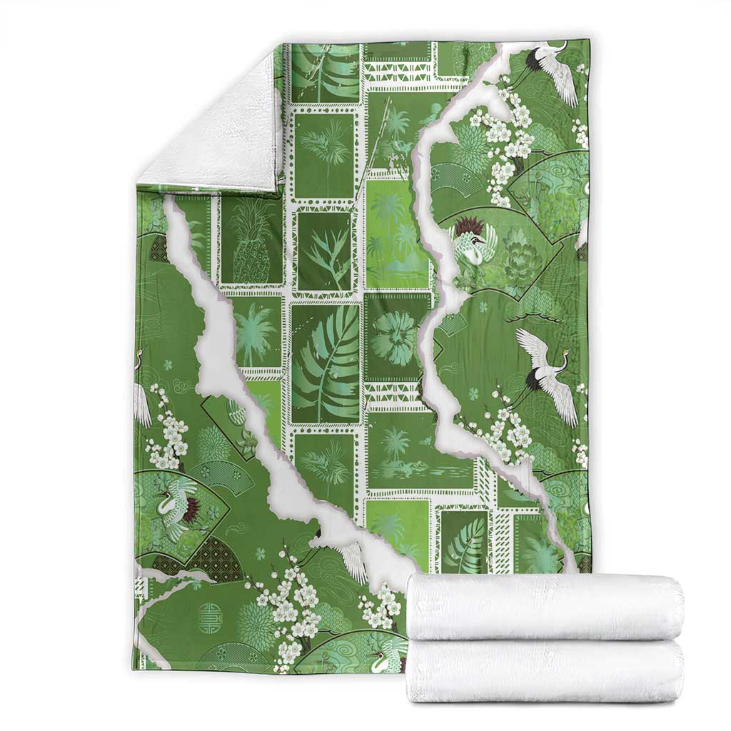 Hawaii Japanese Culture Sage Green Blanket Spring Cranes Aloha Pattern