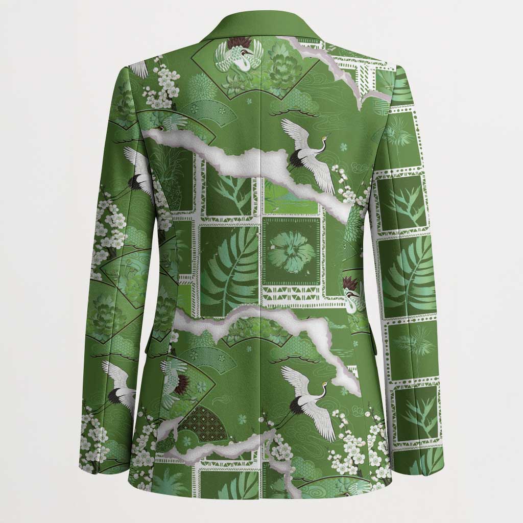 Hawaii Japanese Culture Sage Green Blazer Spring Cranes Aloha Pattern