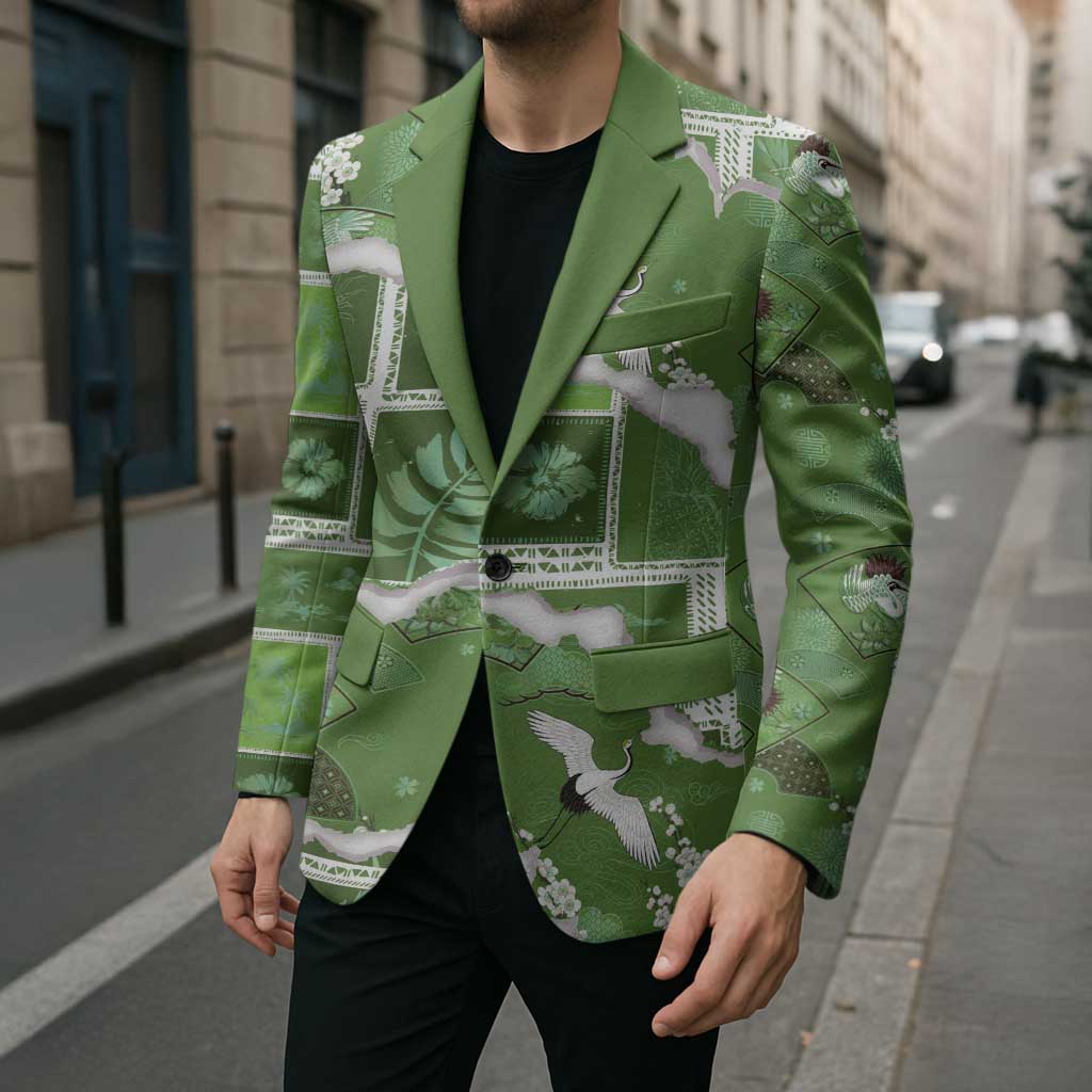 Hawaii Japanese Culture Sage Green Blazer Spring Cranes Aloha Pattern