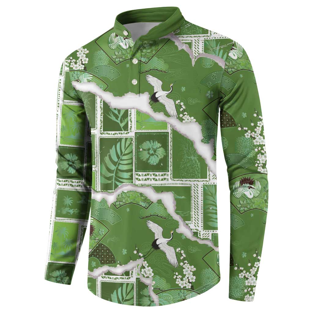 Hawaii Japanese Culture Sage Green Button Sweatshirt Spring Cranes Aloha Pattern