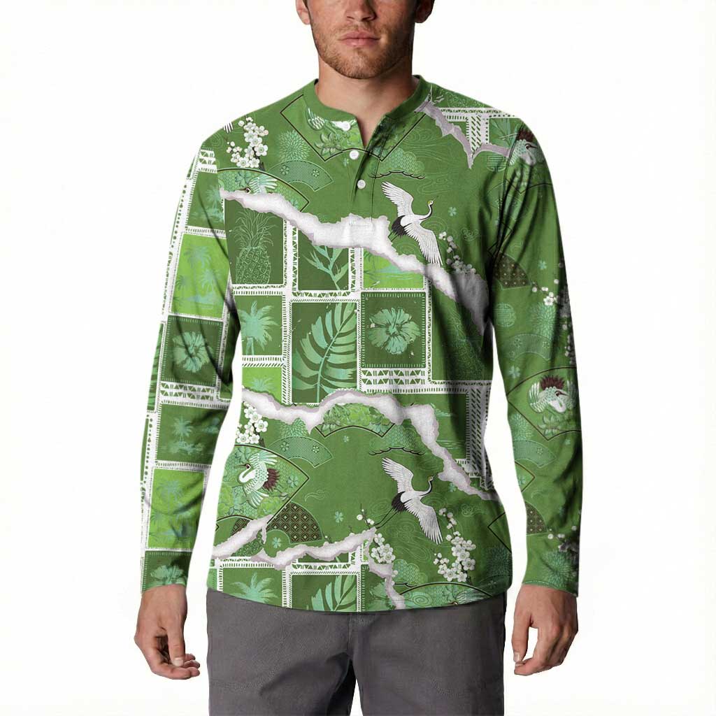 Hawaii Japanese Culture Sage Green Button Sweatshirt Spring Cranes Aloha Pattern