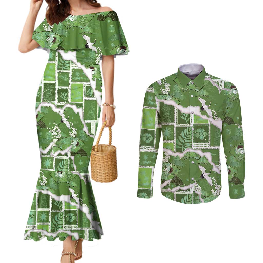 Hawaii Japanese Culture Sage Green Couples Matching Mermaid Dress and Long Sleeve Button Shirt Spring Cranes Aloha Pattern LT01 Sage - Polynesian Pride