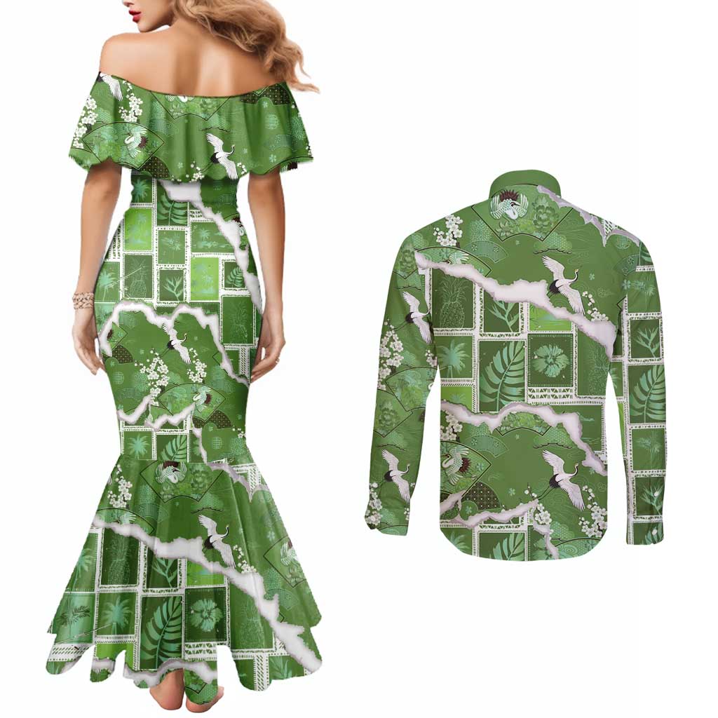 Hawaii Japanese Culture Sage Green Couples Matching Mermaid Dress and Long Sleeve Button Shirt Spring Cranes Aloha Pattern LT01 - Polynesian Pride