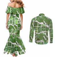 Hawaii Japanese Culture Sage Green Couples Matching Mermaid Dress and Long Sleeve Button Shirt Spring Cranes Aloha Pattern LT01 - Polynesian Pride