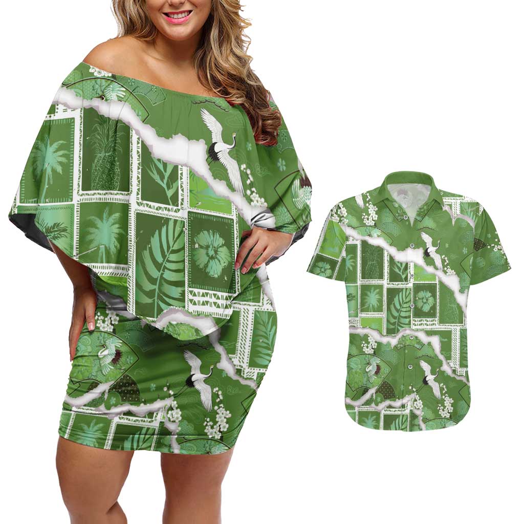 Hawaii Japanese Culture Sage Green Couples Matching Off Shoulder Short Dress and Hawaiian Shirt Spring Cranes Aloha Pattern