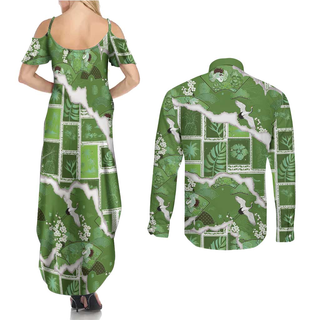 Hawaii Japanese Culture Sage Green Couples Matching Summer Maxi Dress and Long Sleeve Button Shirt Spring Cranes Aloha Pattern