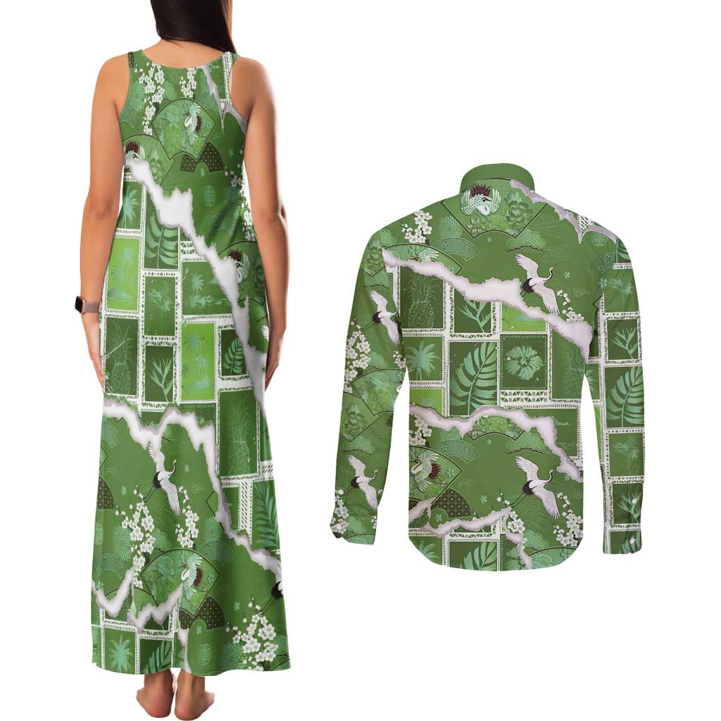 Hawaii Japanese Culture Sage Green Couples Matching Tank Maxi Dress and Long Sleeve Button Shirt Spring Cranes Aloha Pattern LT01 - Polynesian Pride