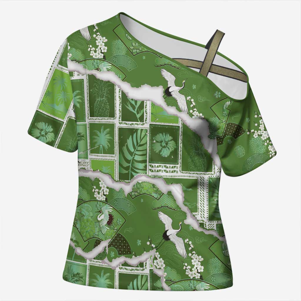 Hawaii Japanese Culture Sage Green Cross Shoulder Shirt Spring Cranes Aloha Pattern