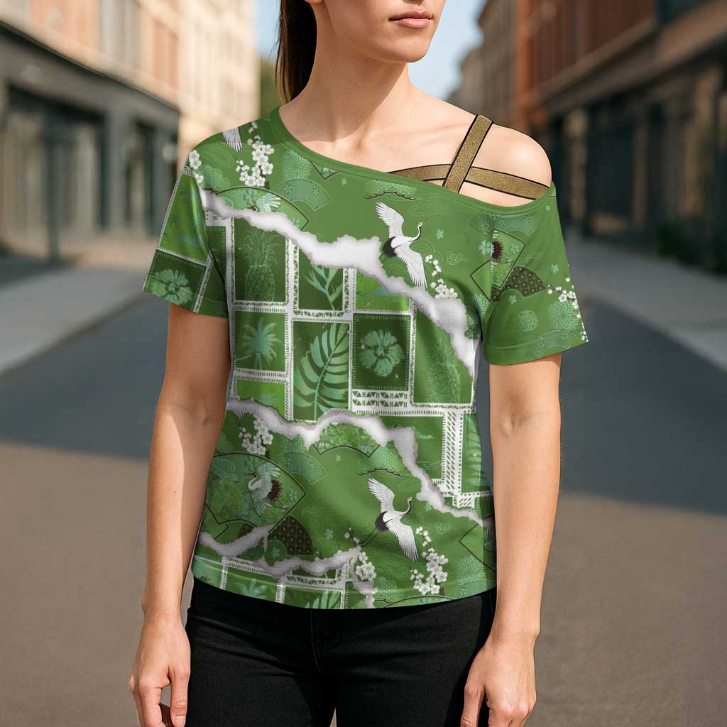 Hawaii Japanese Culture Sage Green Cross Shoulder Shirt Spring Cranes Aloha Pattern