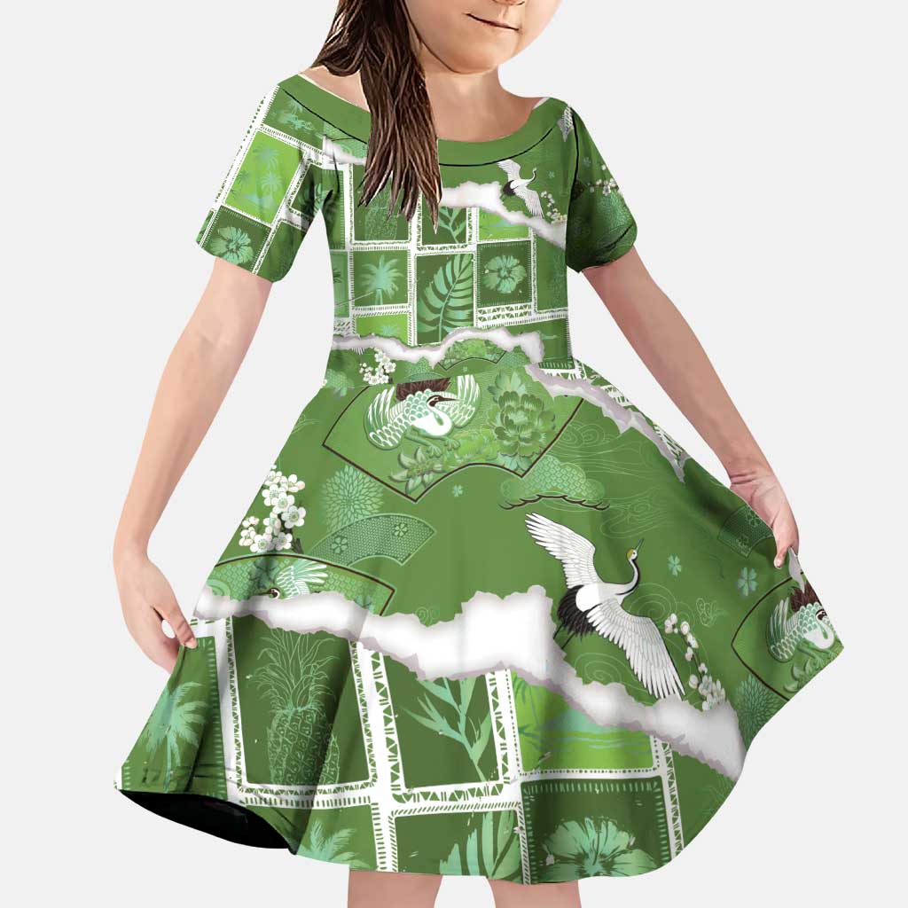 Hawaii Japanese Culture Sage Green Family Matching Long Sleeve Bodycon Dress and Hawaiian Shirt Spring Cranes Aloha Pattern LT01 Daughter's Dress Sage - Polynesian Pride