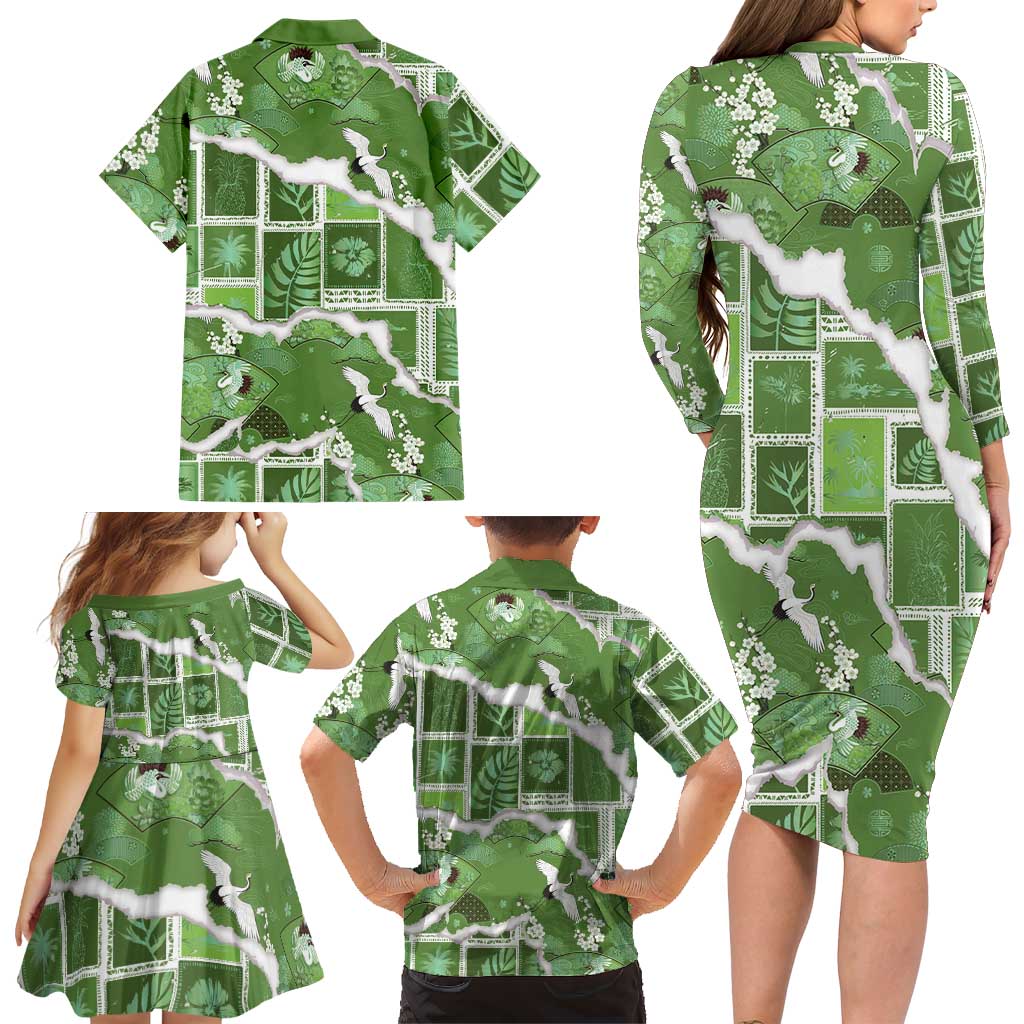 Hawaii Japanese Culture Sage Green Family Matching Long Sleeve Bodycon Dress and Hawaiian Shirt Spring Cranes Aloha Pattern LT01 - Polynesian Pride
