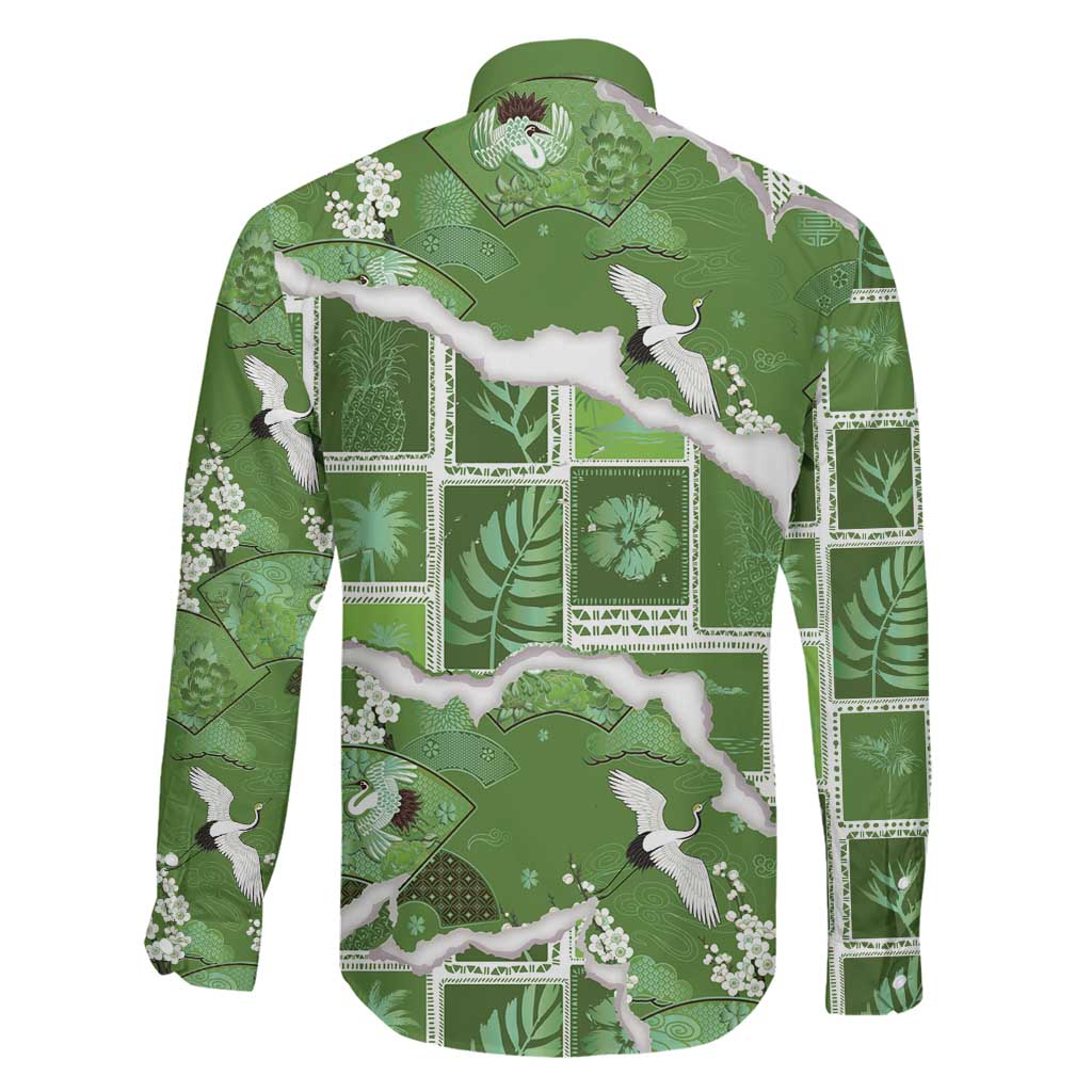Hawaii Japanese Culture Sage Green Family Matching Long Sleeve Bodycon Dress and Hawaiian Shirt Spring Cranes Aloha Pattern LT01 - Polynesian Pride