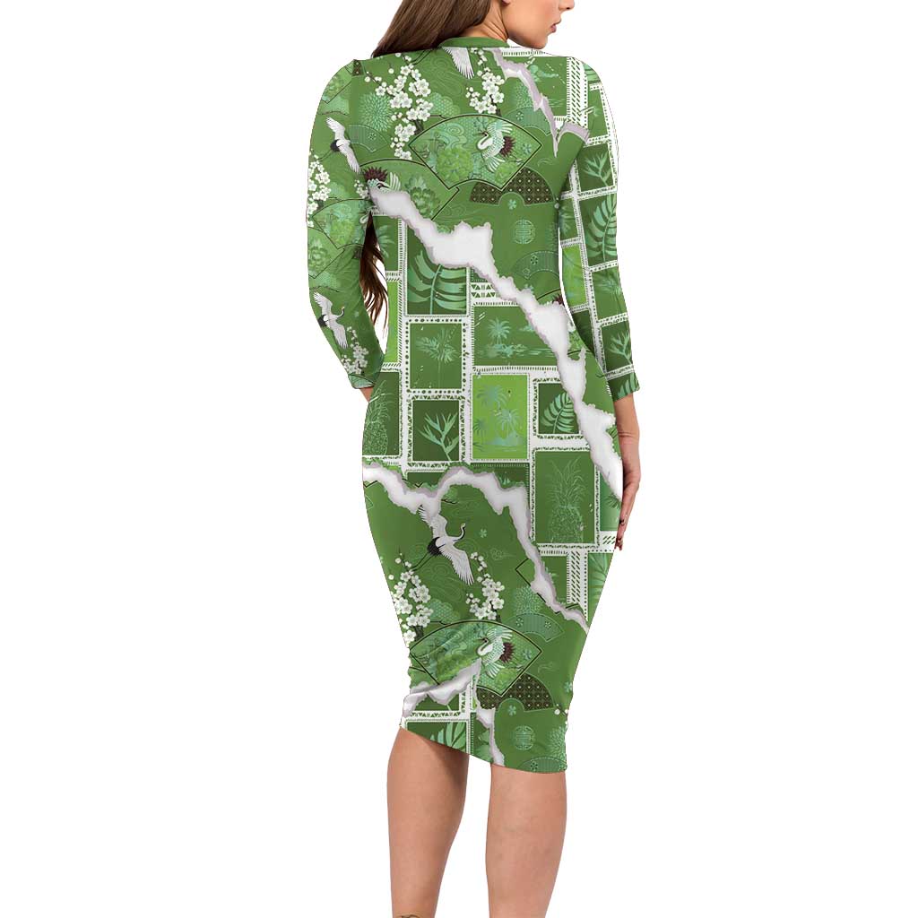 Hawaii Japanese Culture Sage Green Family Matching Long Sleeve Bodycon Dress and Hawaiian Shirt Spring Cranes Aloha Pattern LT01 - Polynesian Pride
