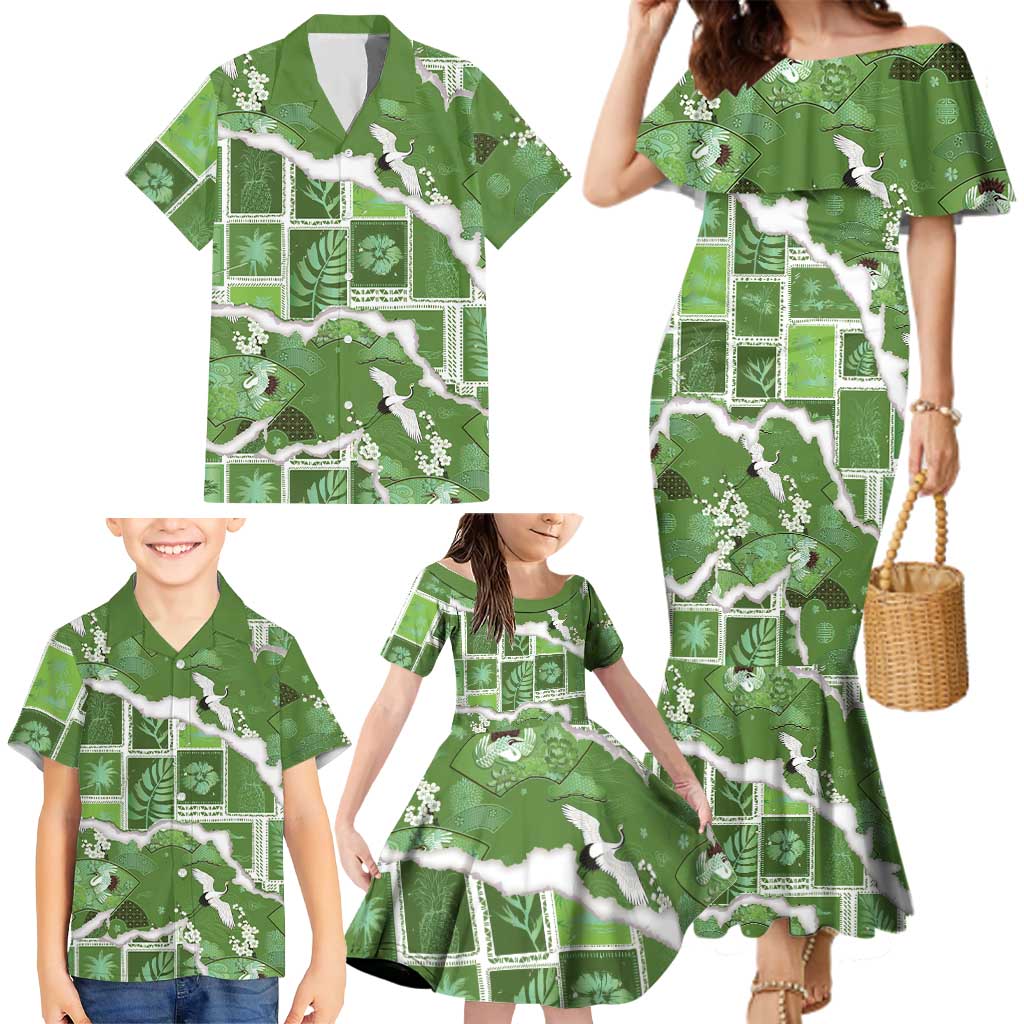 Hawaii Japanese Culture Sage Green Family Matching Mermaid Dress and Hawaiian Shirt Spring Cranes Aloha Pattern LT01 - Polynesian Pride