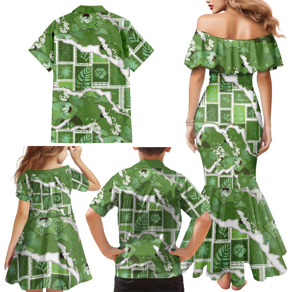 Hawaii Japanese Culture Sage Green Family Matching Mermaid Dress and Hawaiian Shirt Spring Cranes Aloha Pattern LT01 - Polynesian Pride
