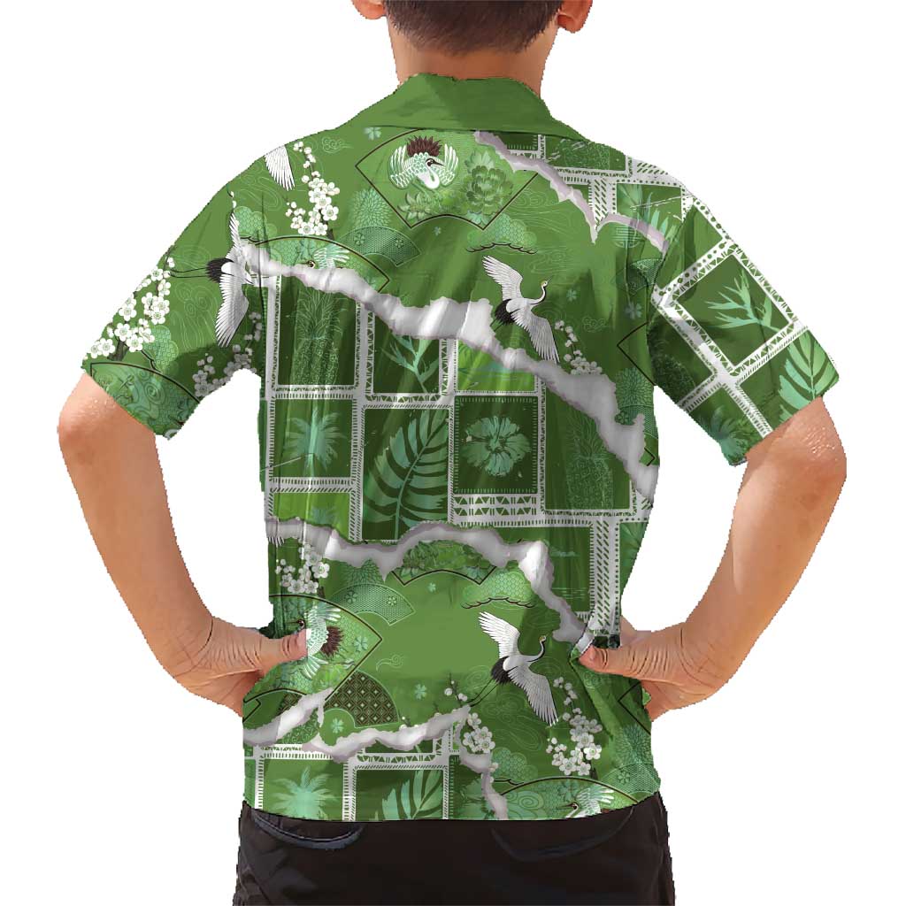 Hawaii Japanese Culture Sage Green Family Matching Off Shoulder Maxi Dress and Hawaiian Shirt Spring Cranes Aloha Pattern LT01 - Polynesian Pride