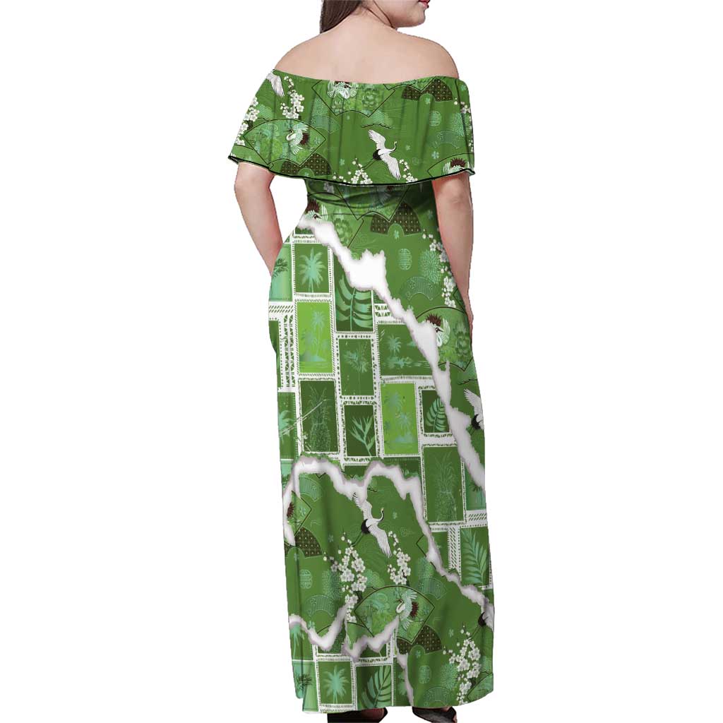 Hawaii Japanese Culture Sage Green Family Matching Off Shoulder Maxi Dress and Hawaiian Shirt Spring Cranes Aloha Pattern LT01 - Polynesian Pride