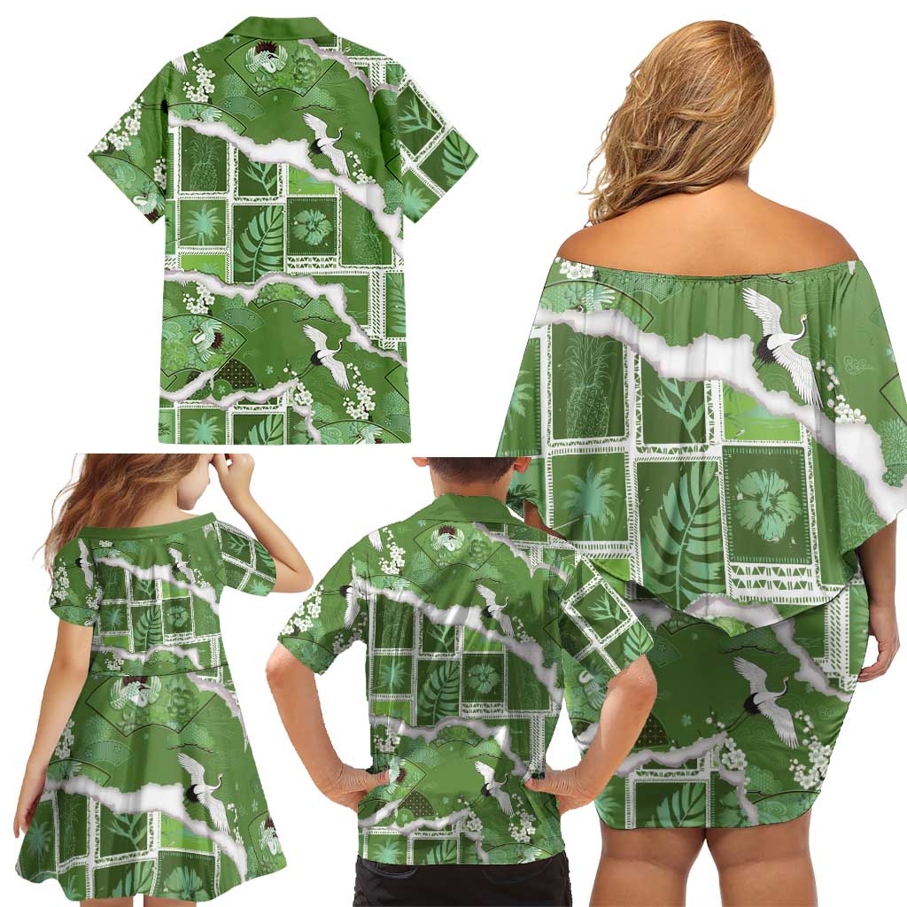 Hawaii Japanese Culture Sage Green Family Matching Off Shoulder Short Dress and Hawaiian Shirt Spring Cranes Aloha Pattern LT01 - Polynesian Pride
