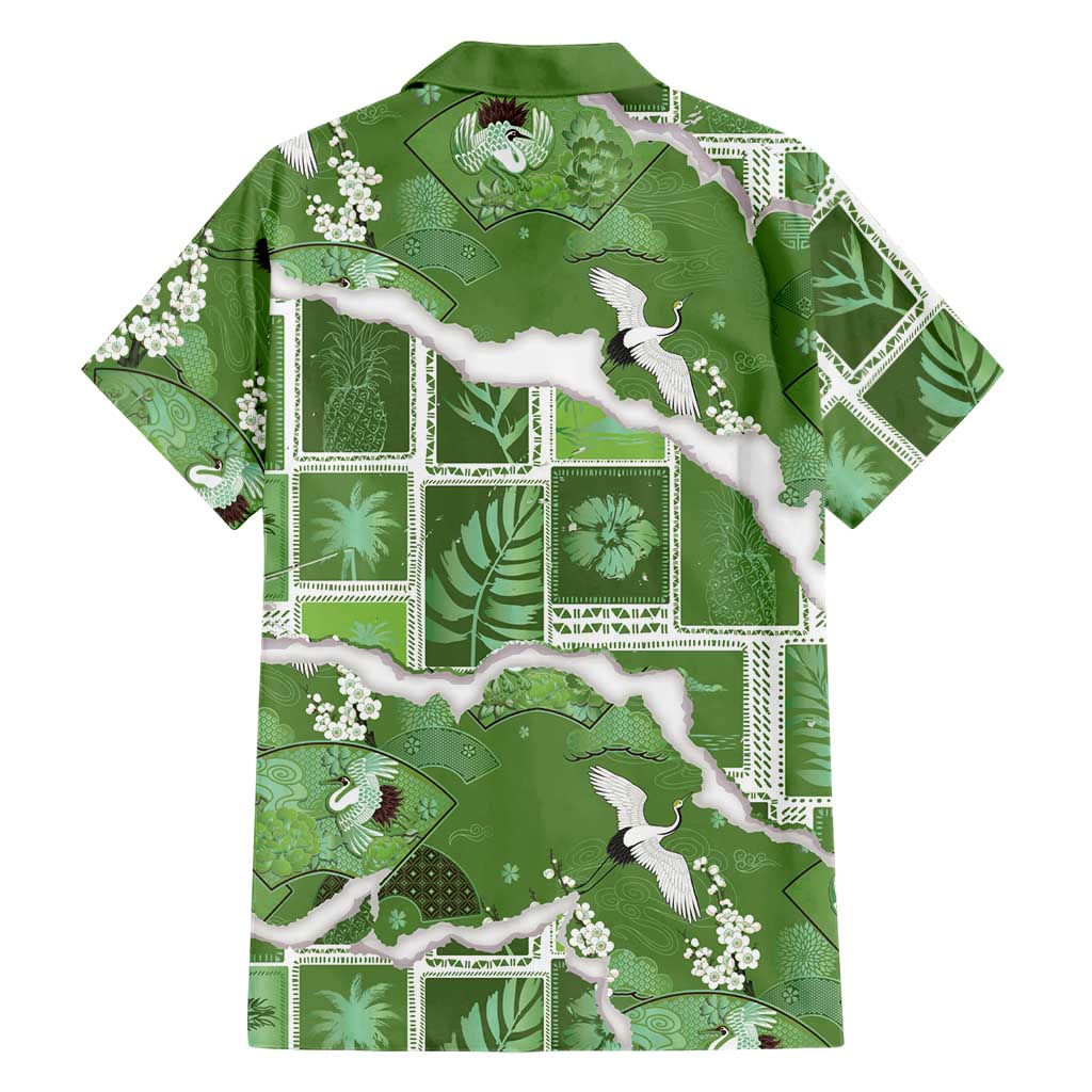 Hawaii Japanese Culture Sage Green Family Matching Off Shoulder Short Dress and Hawaiian Shirt Spring Cranes Aloha Pattern LT01 - Polynesian Pride
