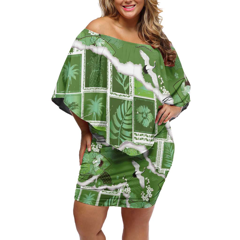 Hawaii Japanese Culture Sage Green Family Matching Off Shoulder Short Dress and Hawaiian Shirt Spring Cranes Aloha Pattern LT01 Mom's Dress Sage - Polynesian Pride