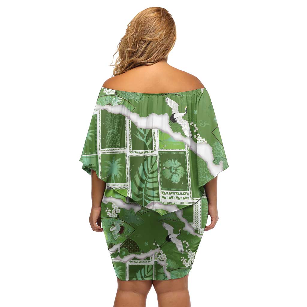 Hawaii Japanese Culture Sage Green Family Matching Off Shoulder Short Dress and Hawaiian Shirt Spring Cranes Aloha Pattern LT01 - Polynesian Pride
