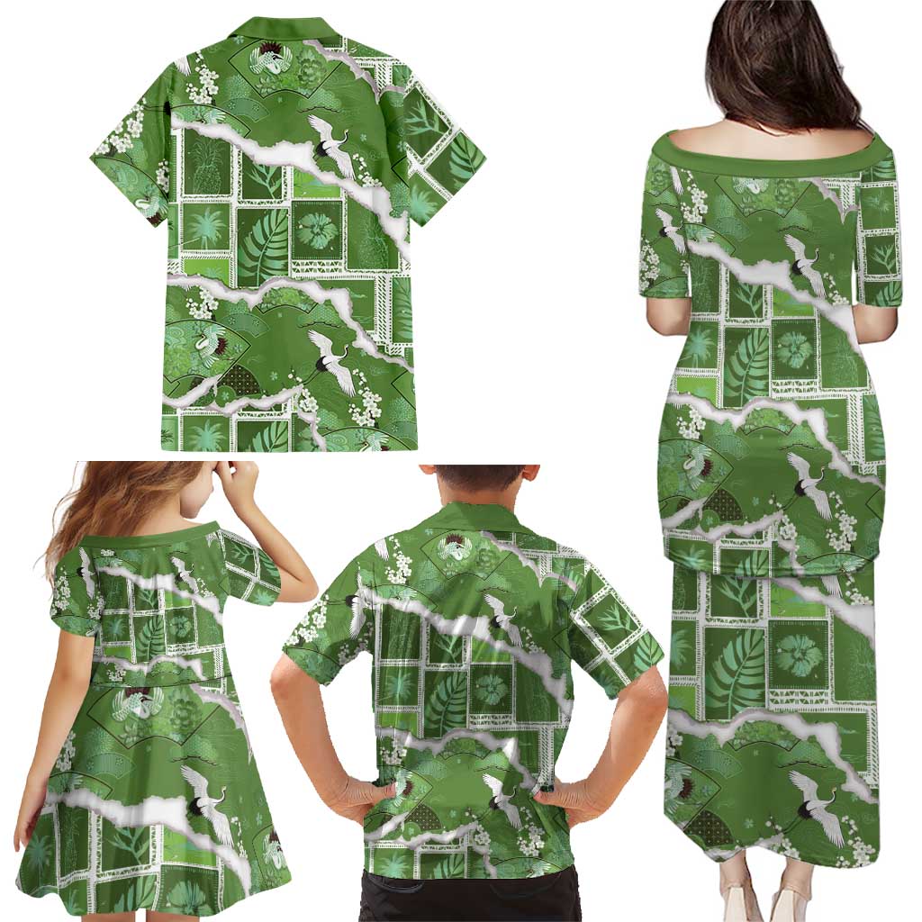 Hawaii Japanese Culture Sage Green Family Matching Puletasi and Hawaiian Shirt Spring Cranes Aloha Pattern