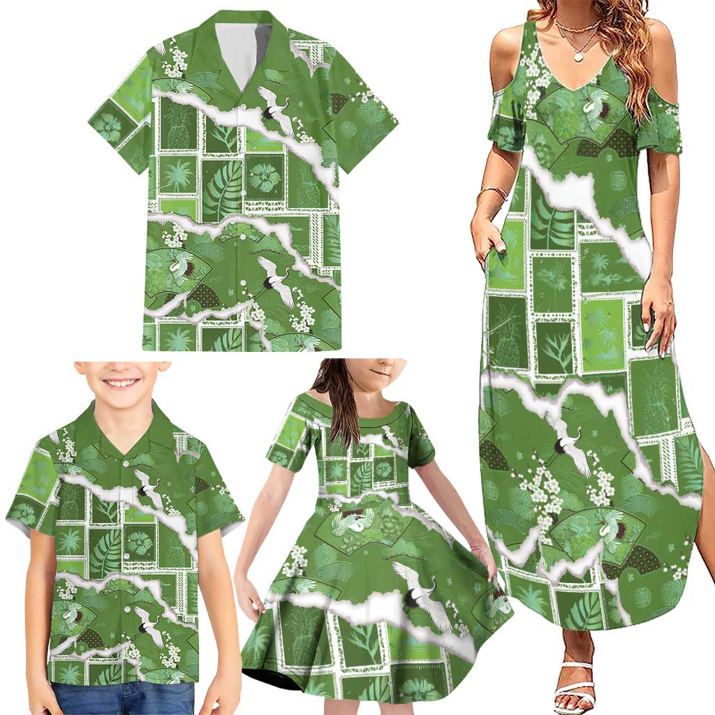 Hawaii Japanese Culture Sage Green Family Matching Summer Maxi Dress and Hawaiian Shirt Spring Cranes Aloha Pattern LT01 - Polynesian Pride
