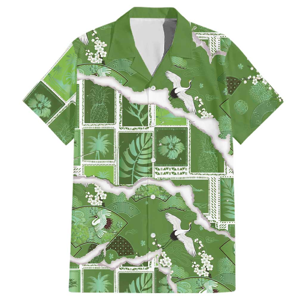 Hawaii Japanese Culture Sage Green Family Matching Summer Maxi Dress and Hawaiian Shirt Spring Cranes Aloha Pattern LT01 Dad's Shirt - Short Sleeve Sage - Polynesian Pride