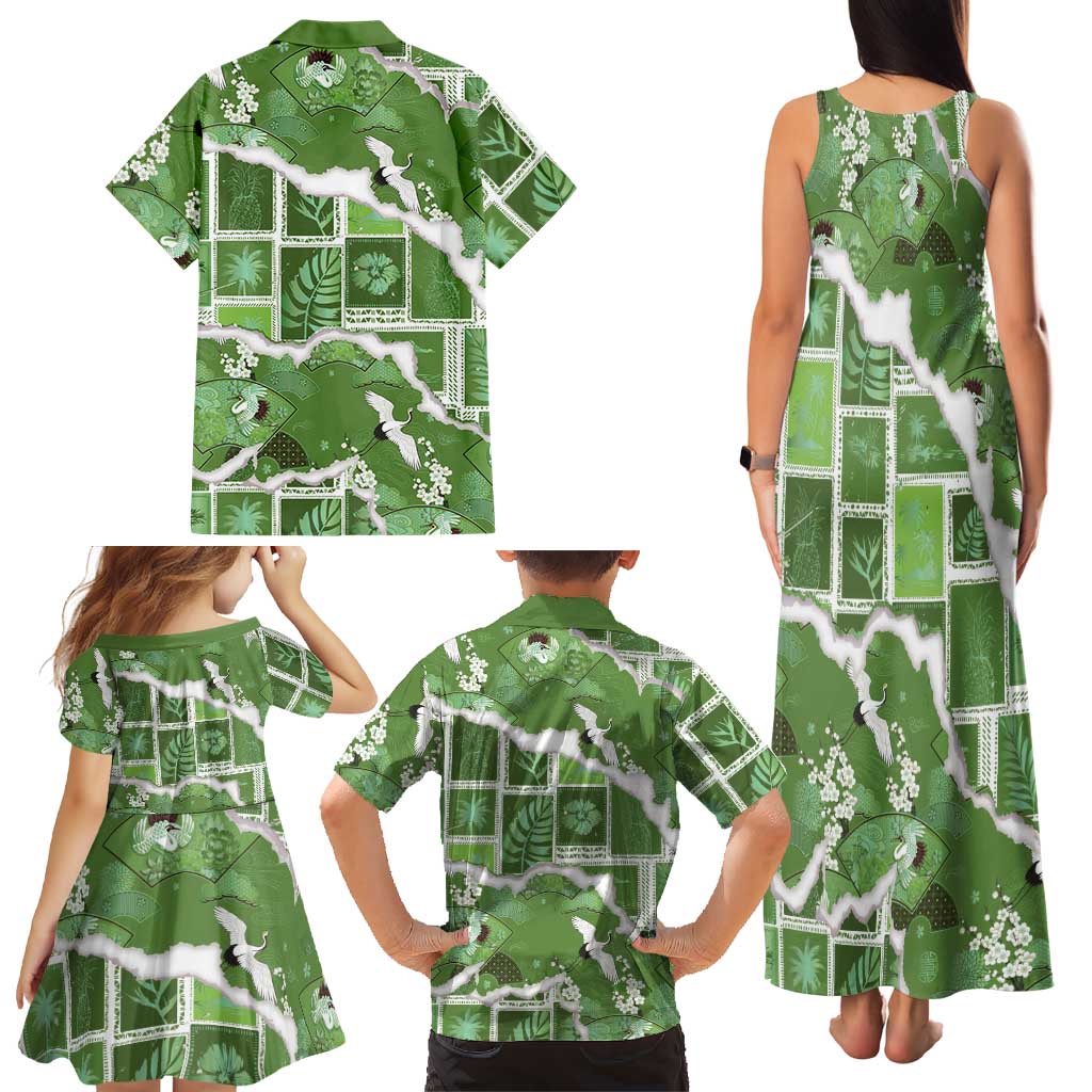 Hawaii Japanese Culture Sage Green Family Matching Tank Maxi Dress and Hawaiian Shirt Spring Cranes Aloha Pattern LT01 - Polynesian Pride