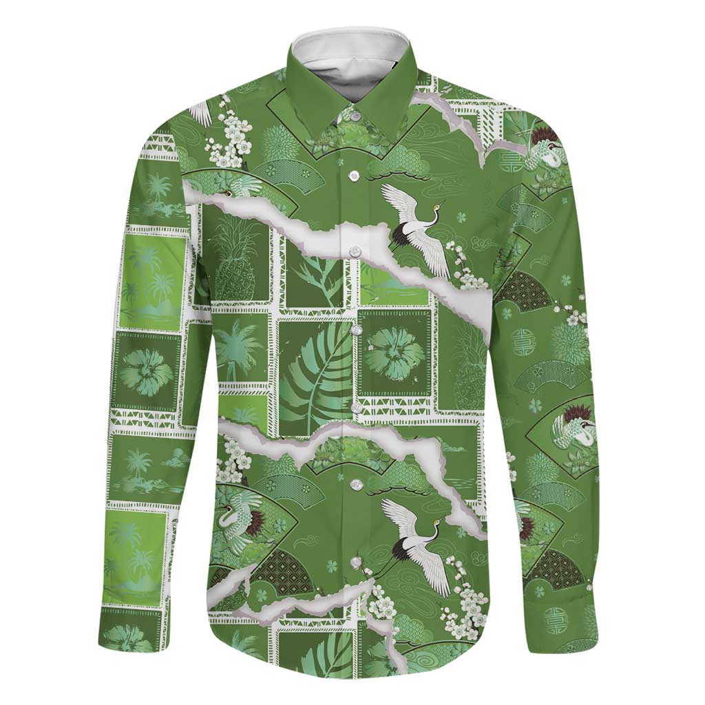 Hawaii Japanese Culture Sage Green Family Matching Tank Maxi Dress and Hawaiian Shirt Spring Cranes Aloha Pattern LT01 Dad's Shirt - Long Sleeve Sage - Polynesian Pride
