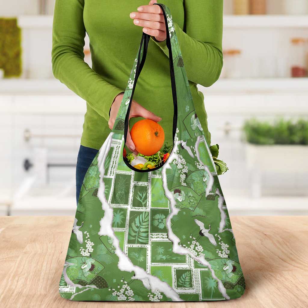 Hawaii Japanese Culture Sage Green Grocery Bag Spring Cranes Aloha Pattern