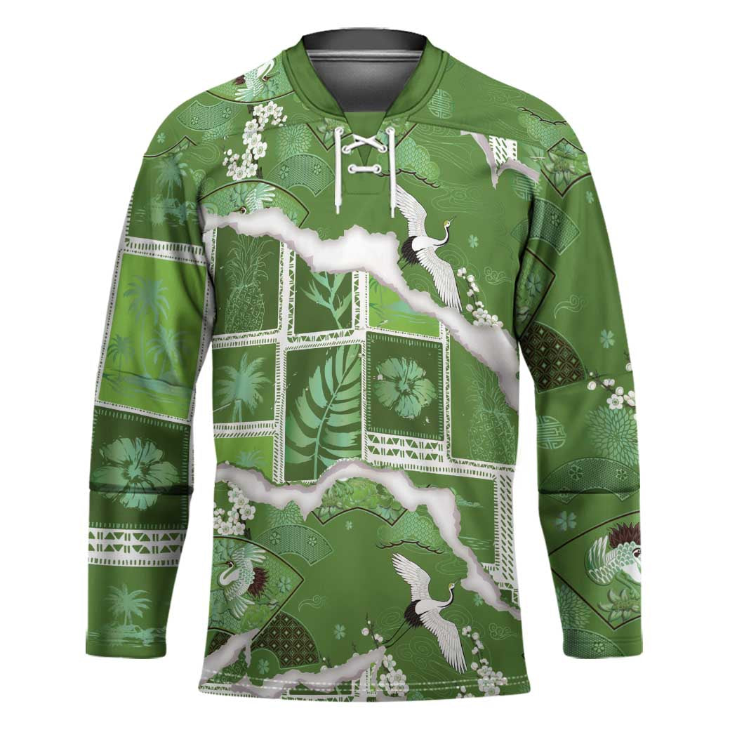 Hawaii Japanese Culture Sage Green Hockey Jersey Spring Cranes Aloha Pattern