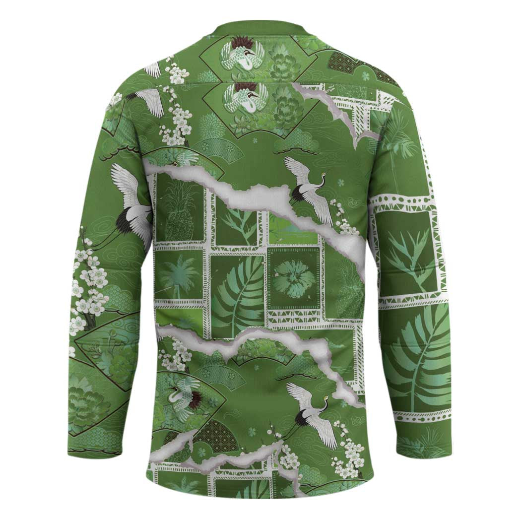 Hawaii Japanese Culture Sage Green Hockey Jersey Spring Cranes Aloha Pattern