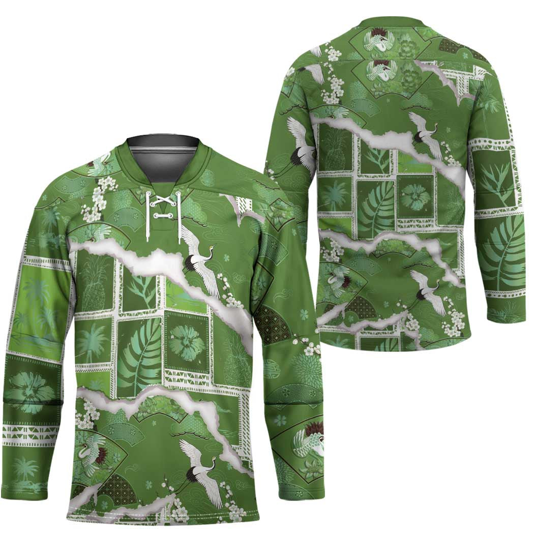 Hawaii Japanese Culture Sage Green Hockey Jersey Spring Cranes Aloha Pattern