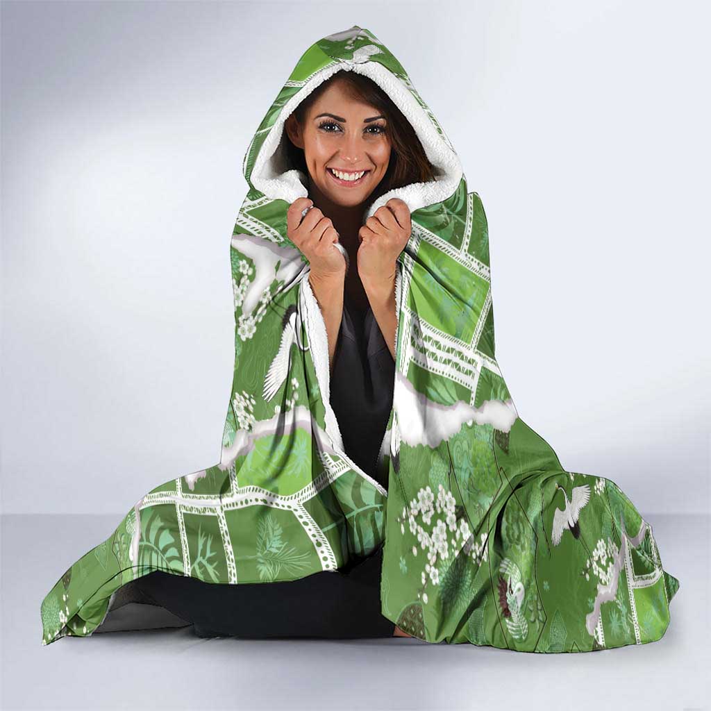 Hawaii Japanese Culture Sage Green Hooded Blanket Spring Cranes Aloha Pattern