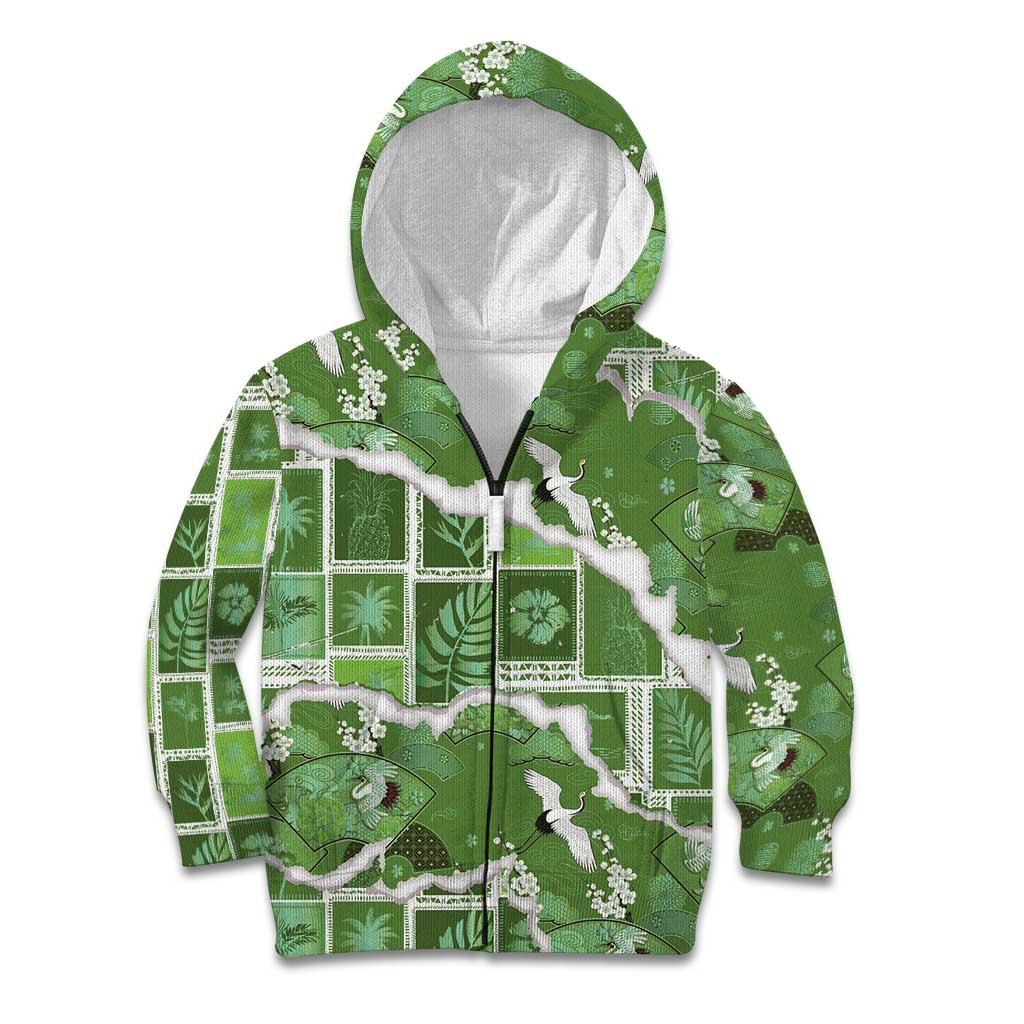Hawaii Japanese Culture Sage Green Kid Hoodie Spring Cranes Aloha Pattern