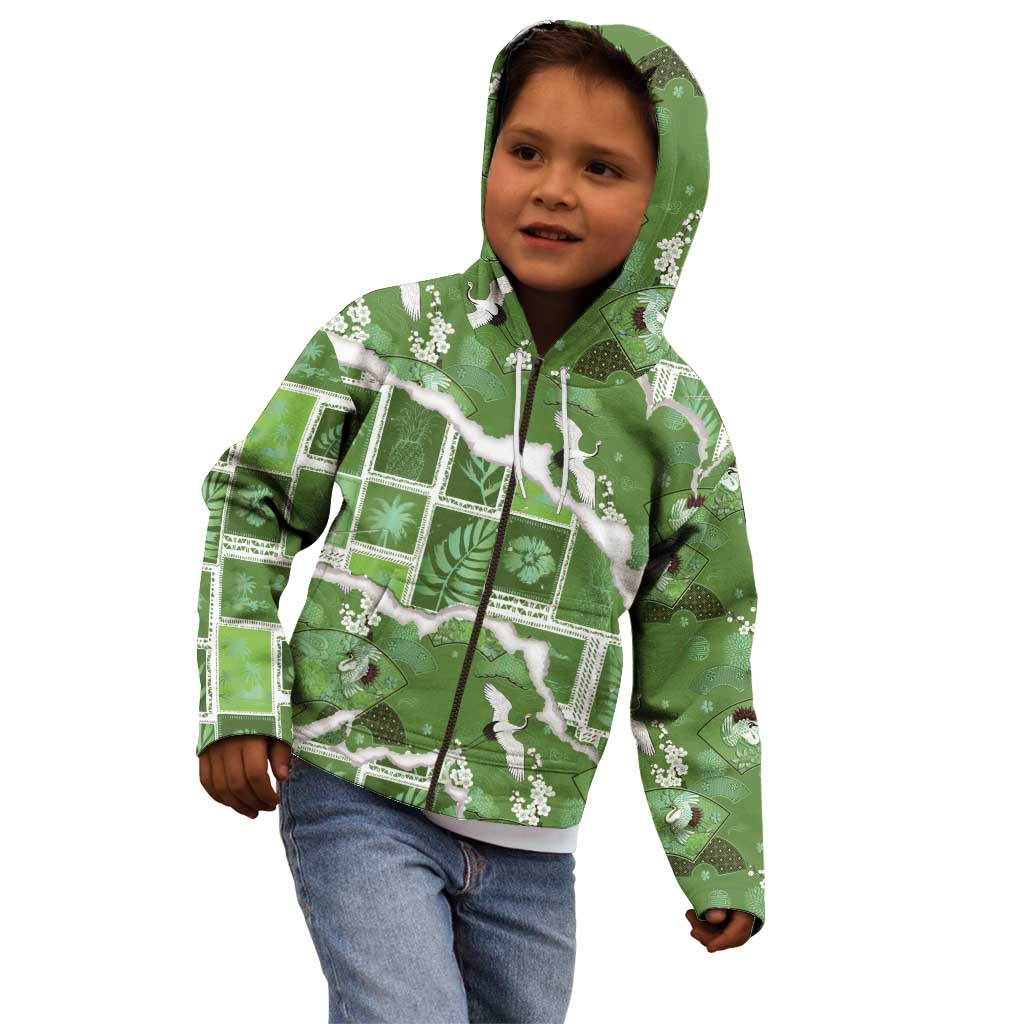 Hawaii Japanese Culture Sage Green Kid Hoodie Spring Cranes Aloha Pattern