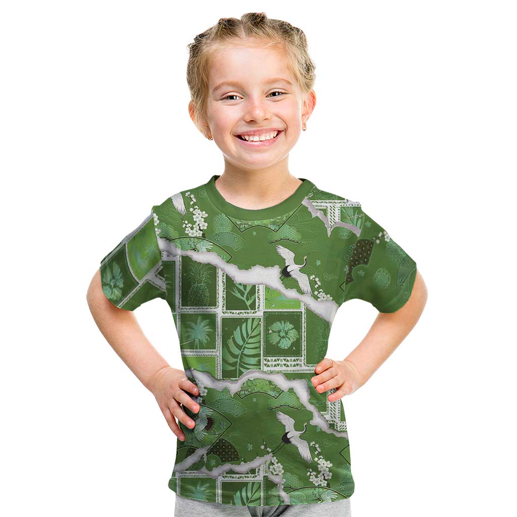 Hawaii Japanese Culture Sage Green Kid T Shirt Spring Cranes Aloha Pattern