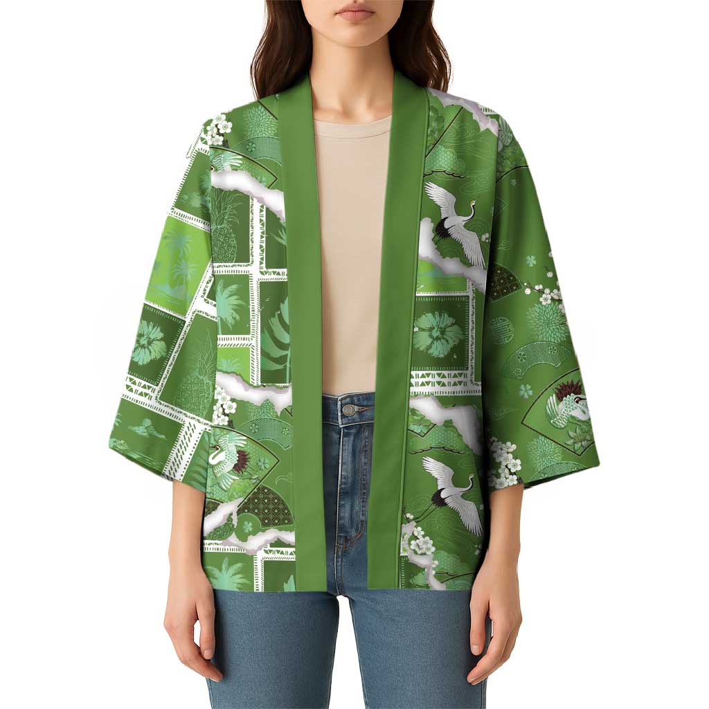 Hawaii Japanese Culture Sage Green Kimono Spring Cranes Aloha Pattern