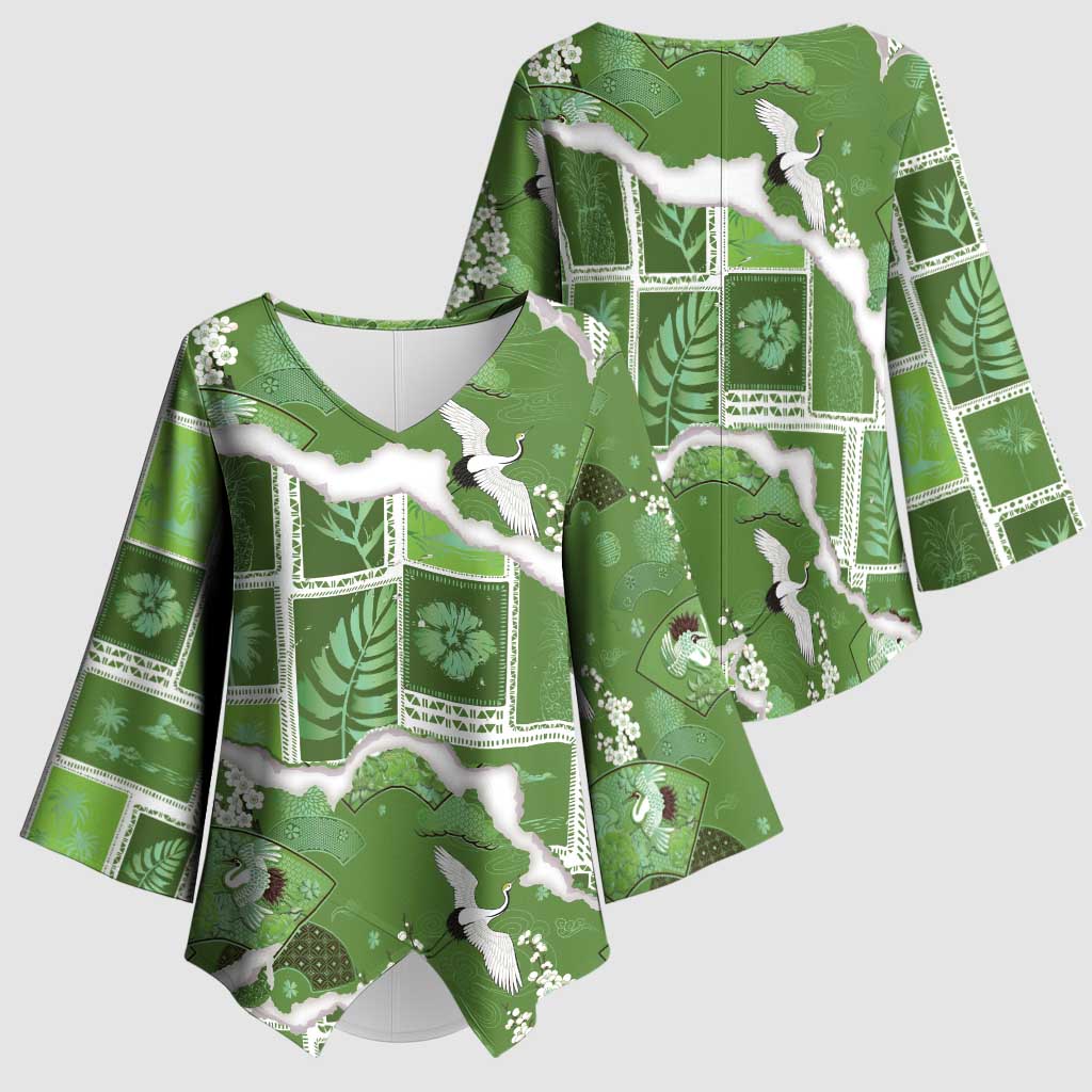 Hawaii Japanese Culture Sage Green Kimono Sleeve Blouse Spring Cranes Aloha Pattern