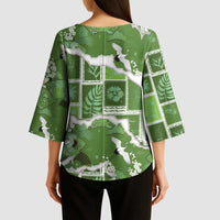 Hawaii Japanese Culture Sage Green Kimono Sleeve Blouse Spring Cranes Aloha Pattern