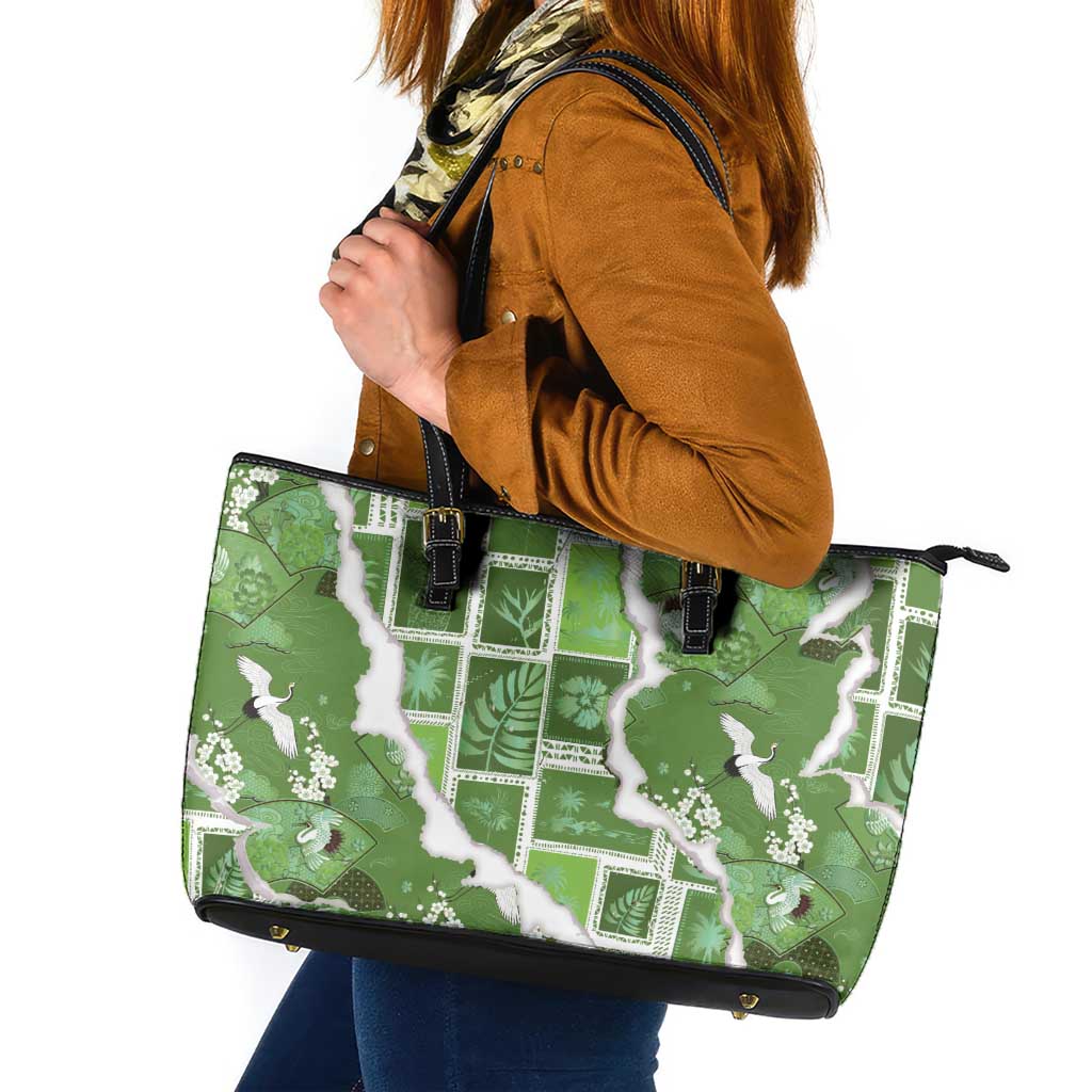 Hawaii Japanese Culture Sage Green Leather Tote Bag Spring Cranes Aloha Pattern